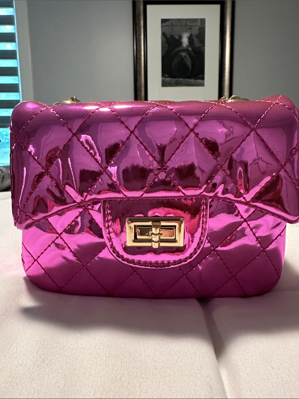 Kids Metallic Hot Pink Quilted Crossbody Bag with Gold Turn-Lock